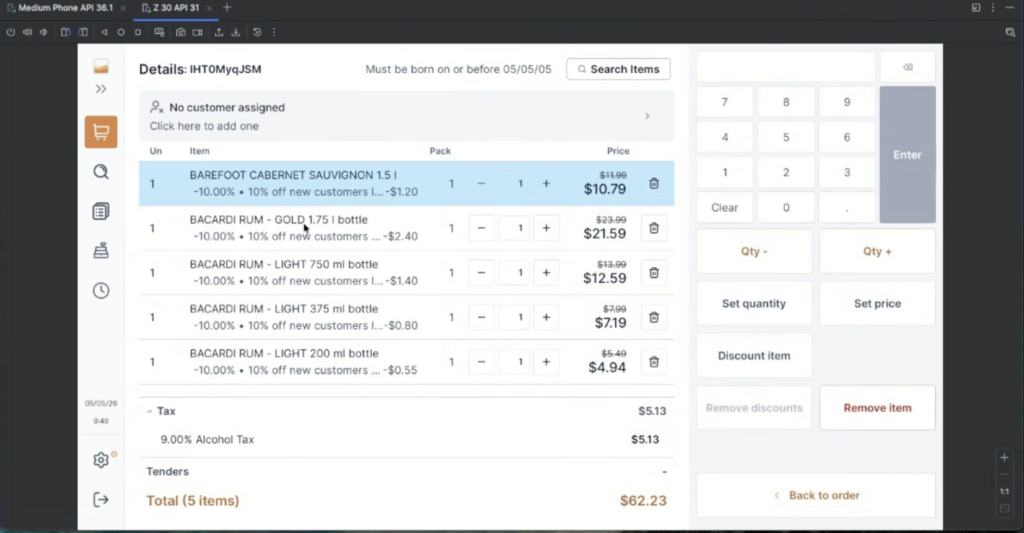 Scotch POS checkout screen showing liquor items in a transaction, automatic discounts, tax calculation, and cashier controls for quantity, pricing, and item-level discounts.