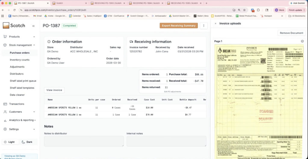 Scotch purchase order receiving screen displaying scanned distributor invoice alongside received inventory quantities, purchase totals, and invoice reconciliation details.