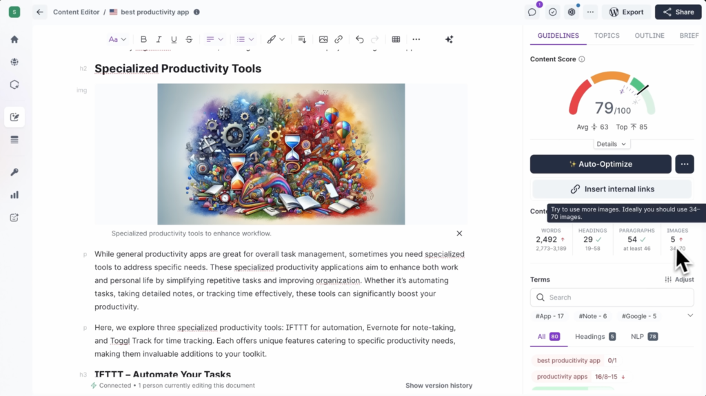 Surfer combines content scoring and SEO recommendations in a single editor.