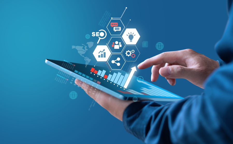 Businessman checking his business growth while using a tablet for marketing online.