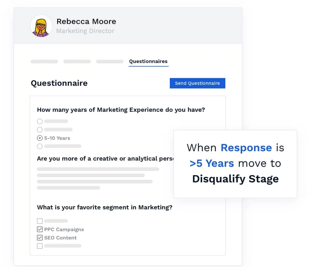 Breezy HR screening questionnaire showing answer-based rules that move candidates through the hiring pipeline.