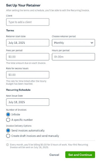 FreshBooks retainer setup screen showing monthly billing, fees and hours per period, infinite invoices, and automatic invoice delivery.