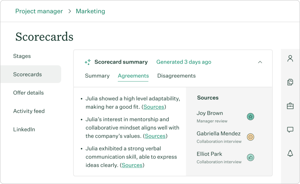 Greenhouse structured interview scorecard displaying candidate ratings for predefined job criteria.