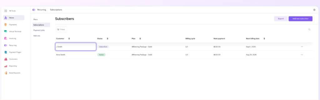 Helcim subscriber dashboard for recurring payments