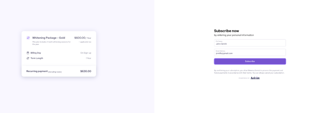 Example of Helcim subscription recurring billing sign up page customer facing.
