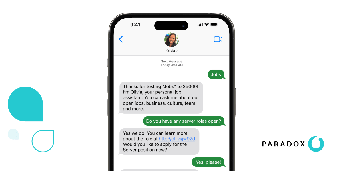 Mobile phone screen with Paradox Olivia responding to a candidate’s questions through a conversational recruiting interface.