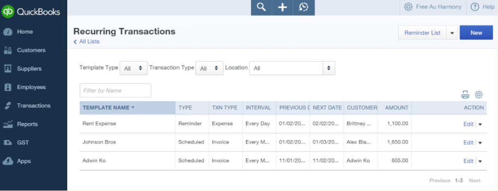QuickBooks Online recurring transaction dashboard