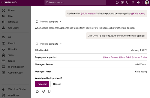 Rippling AI staging an employee reporting line change.