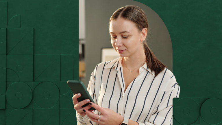 A woman smiling while looking down at her smartphone, framed against a dark green textured geometric background.