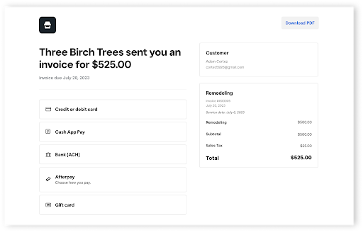 Square invoice for $525 showing credit or debit card, Cash App Pay, ACH, Afterpay, and gift card payment options.