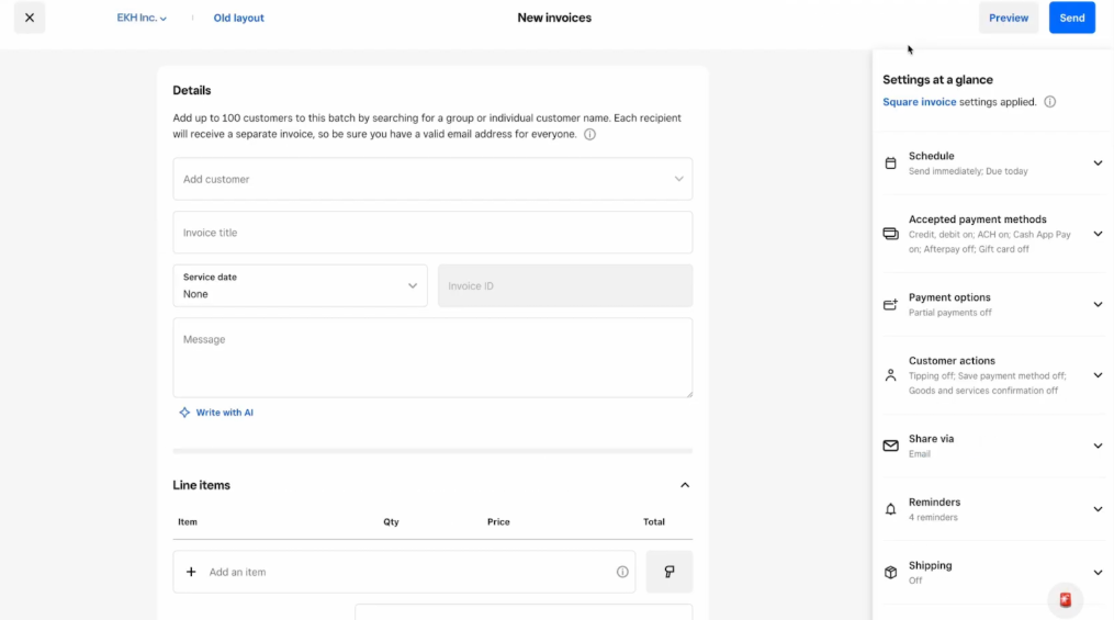 Square invoice editor showing customer, invoice title, service date, line-item fields, payment methods, reminders, and send options.