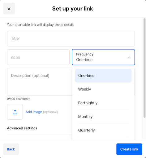 Square payment-link setup screen with the frequency menu open and options for one-time, weekly, biweekly, monthly, and quarterly payments.