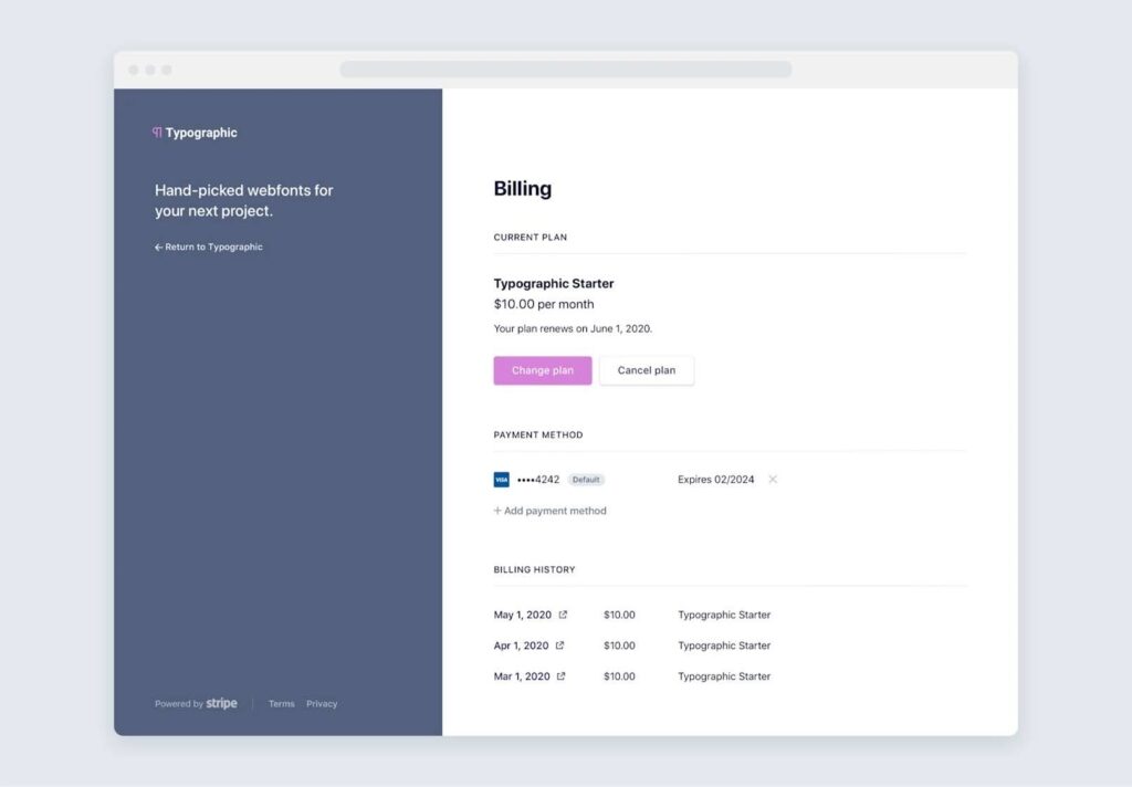 Stripe customer portal showing a Typographic Starter plan, change and cancel buttons, saved card details, and billing history.