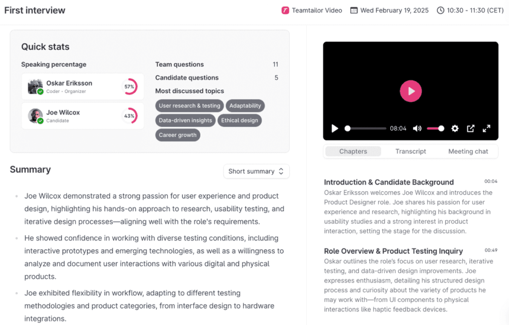 Teamtailor Meeting Insights displaying a candidate interview recording, transcript, and AI-generated summary.