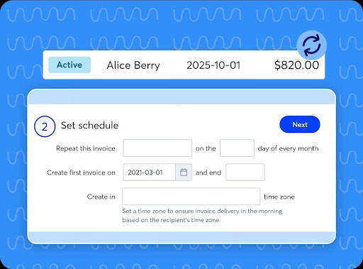 Recurring invoice setup screen showing monthly billing, invoice dates, and time-zone settings