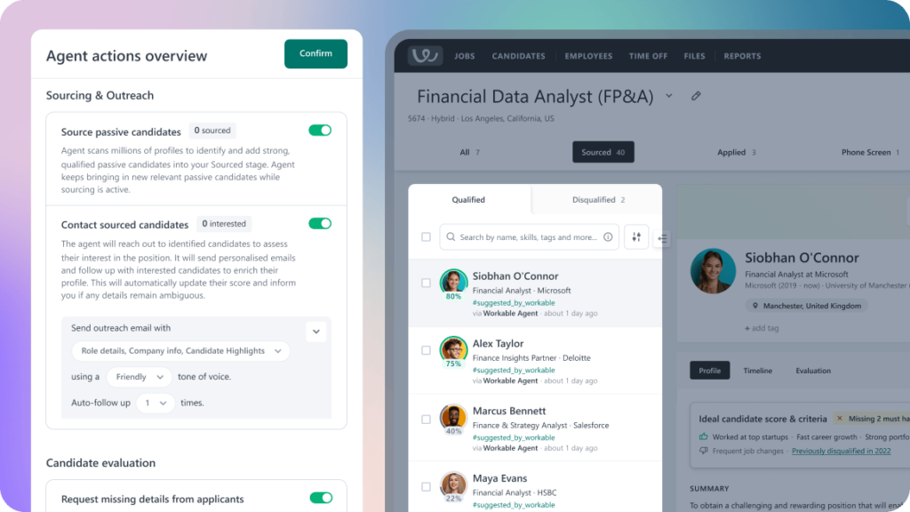 Workable Agent displaying sourced candidates and AI-generated qualification evaluations for an open position.