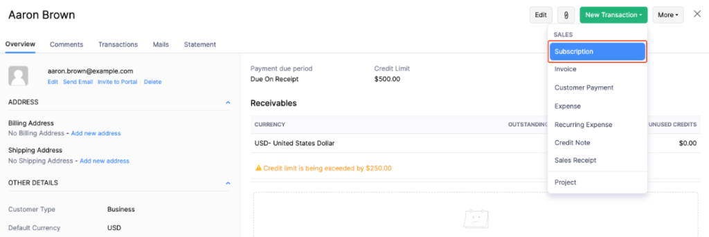 Zoho Billing customer profile showing the New Transaction menu with Subscription highlighted above invoice, payment, expense, and other options.