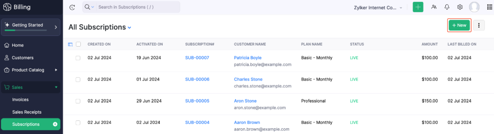 Zoho Billing subscriptions dashboard listing active customer subscriptions, plan names, monthly amounts, activation dates, and last billed dates.