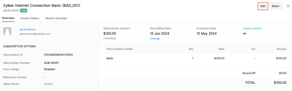 Zoho Billing subscription record showing a $100 monthly Basic plan, next billing date, renewal status, and disabled auto-charge setting.