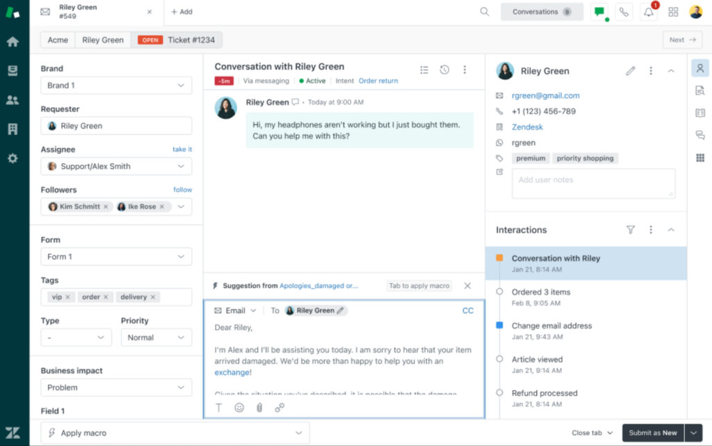 Zendesk Copilot interface showing a customer support ticket with requester details, conversation history, suggested macro, response draft, ticket fields, and interaction timeline.