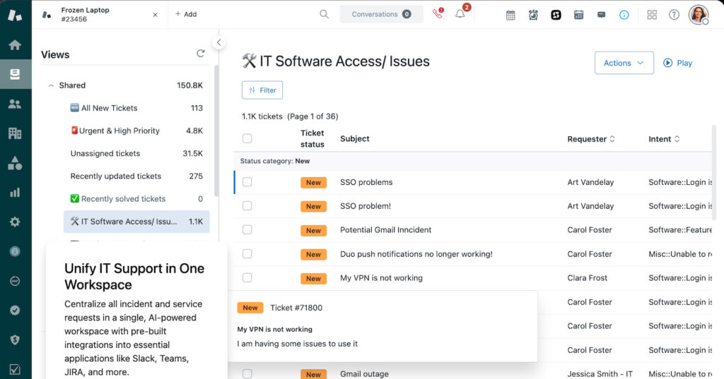 Zendesk support workspace showing an IT software access issues view with ticket statuses, subjects, requesters, intent labels, and a preview of a VPN support ticket.