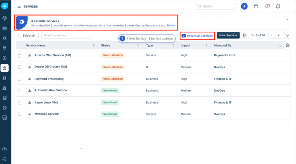 Freshservice service management interface showing a services list with status, type, impact, managed-by fields, and alerts for potential services and service updates.