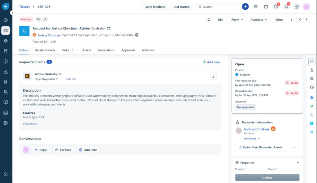 Freshservice ticketing interface showing an Adobe Illustrator service request with requested item details, SLA status, requester information, related tickets, tasks, assets, approvals, and ticket actions.