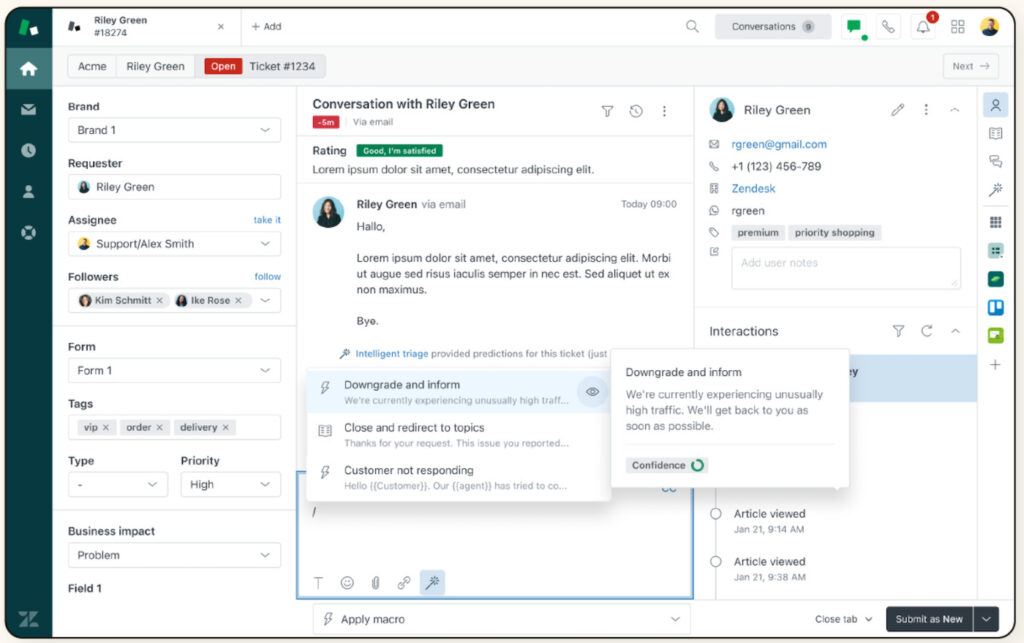 Zendesk ticketing interface showing a customer support conversation with requester details, ticket fields, interaction history, and AI-assisted suggested actions for support agents.
