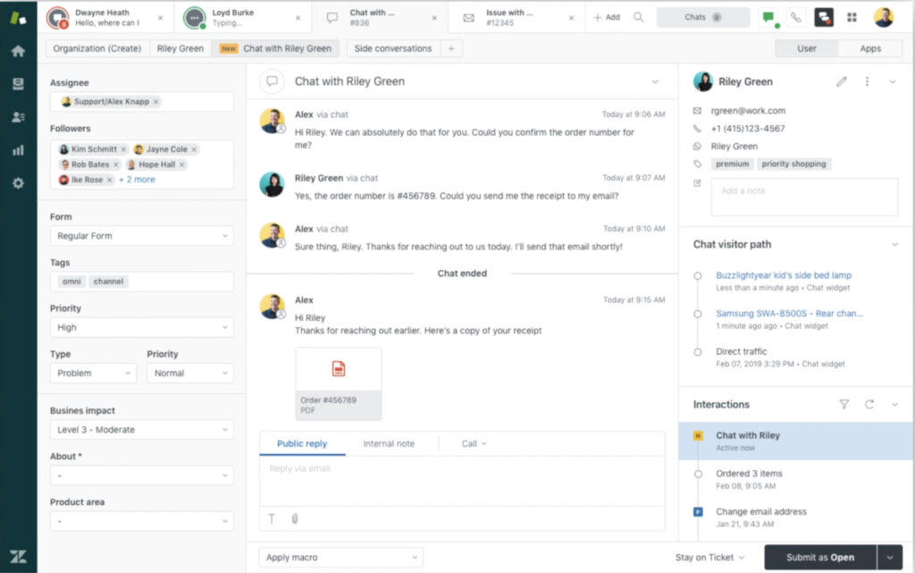 Zendesk agent workspace showing a live customer chat, ticket fields, assignee details, requester profile, visitor path, interaction history, reply box, and ticket submission controls.