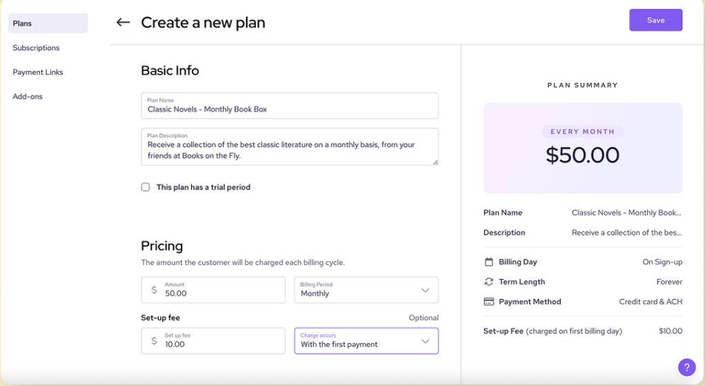 Helcim recurring payment plan settings