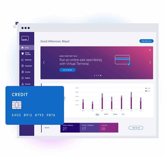 CardX dashboard showing virtual terminal access, sales charts, payment activity, and customer-management tools.