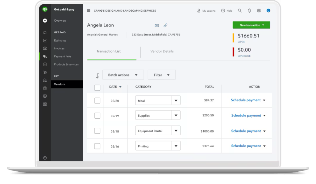 QuickBooks dashboard showing vendor bills, transaction details, and scheduled payment options.