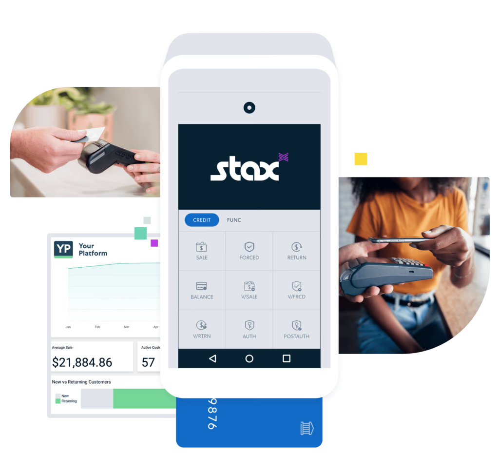 Stax payment terminal and mobile card reader shown alongside a business payment dashboard.