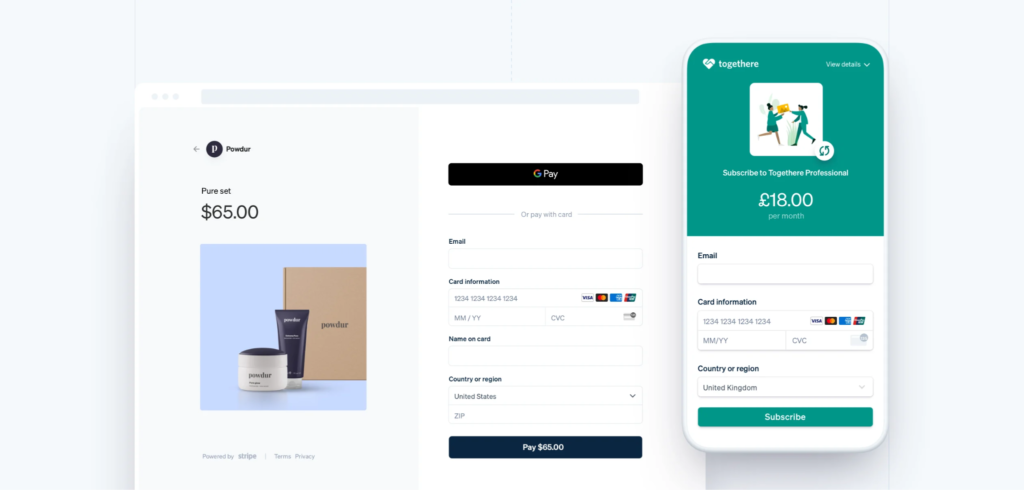 Stripe Checkout examples showing a one-time product purchase and a monthly subscription payment form.