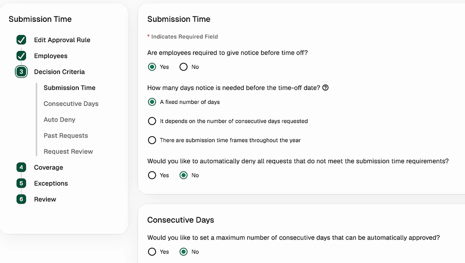 Paycom’s GONE® makes it easy to set up approval rules and submission timelines.