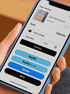 Mobile checkout screen showing card fields and payment options for PayPal, PayPal Pay Later, Venmo, and Apple Pay.