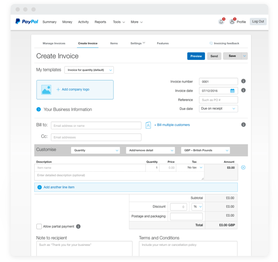 PayPal invoice-creation screen with fields for customer information, line items, tax, discounts, and payment terms.