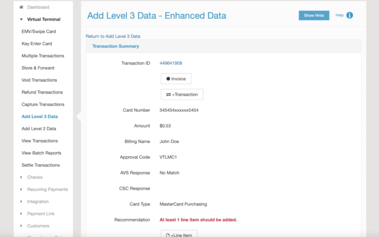 Payment Depot virtual terminal showing a Level 3 data entry screen with transaction and card details.