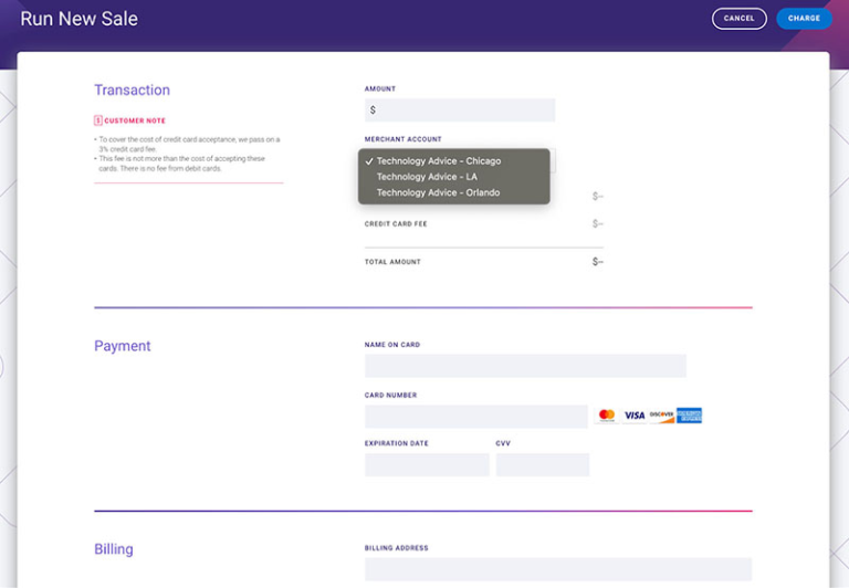 CardX Virtual Terminal screen for entering a sale amount, card details, billing information, and credit-card surcharge.