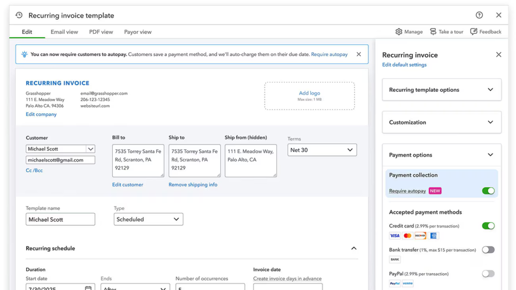 QuickBooks recurring payment setup screen with a customer, payment amount, and billing schedule.