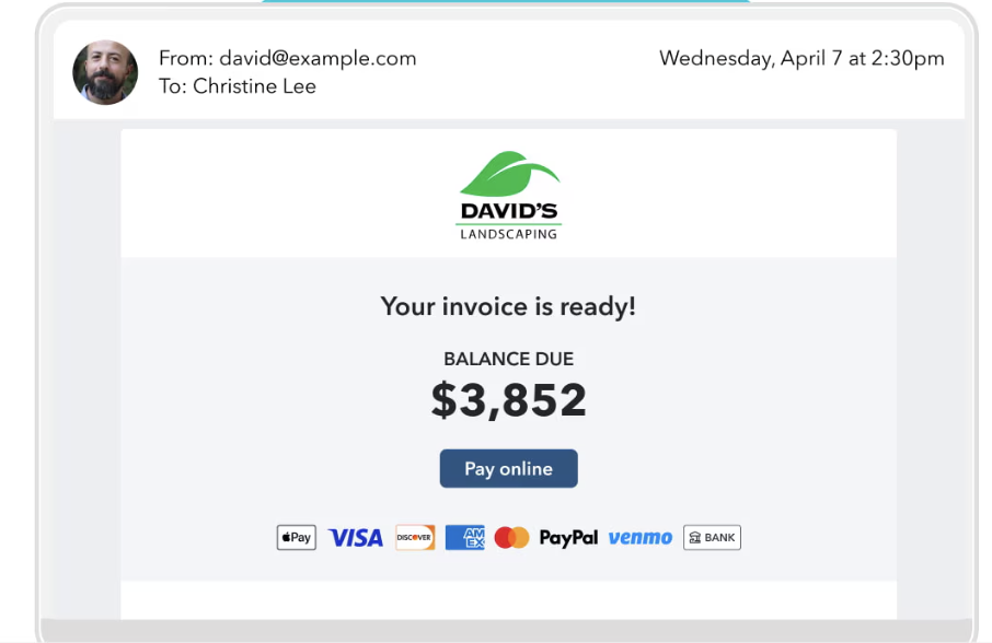 QuickBooks invoice with online payment options for card, ACH, and digital wallets.
