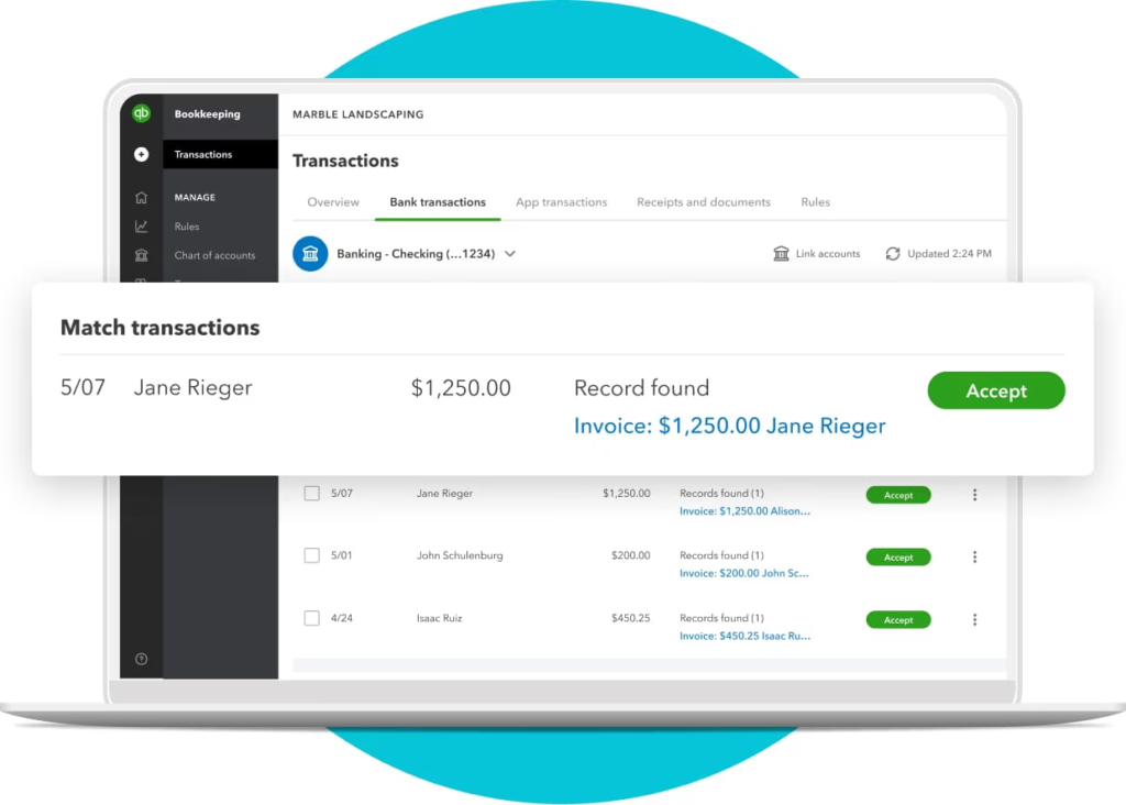 QuickBooks report showing paid and unpaid invoices, customer payments, and recent deposits.