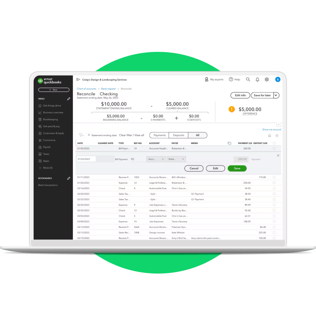 QuickBooks Online bank reconciliation screen showing payments, deposits, and transaction records.