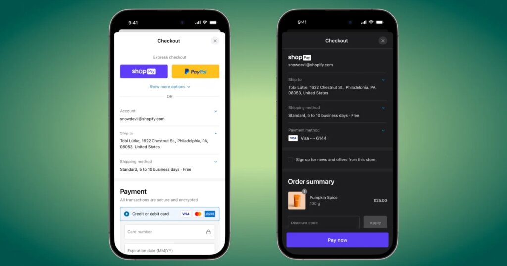 Shopify mobile checkout screens in light and dark mode showing Shop Pay, shipping details, and card payment fields.