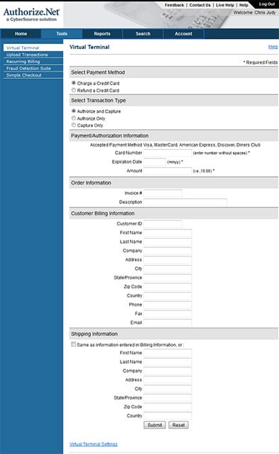 Authorize.net Virtual Terminal form for entering card details, transaction information, and customer billing information.