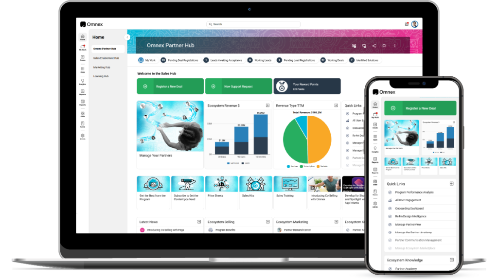 360insights Experience Hub displaying deal registration, reward points, revenue data, training, content, and partner quick links.