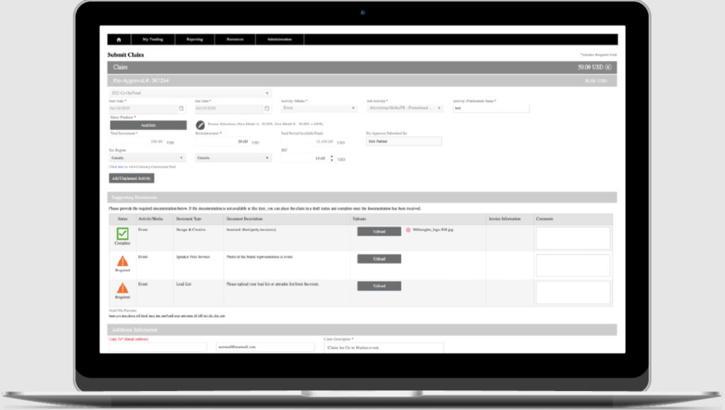 360insights Co-Marketing Funds claim form showing preapproval, investment, reimbursement, activity details, and required documents.