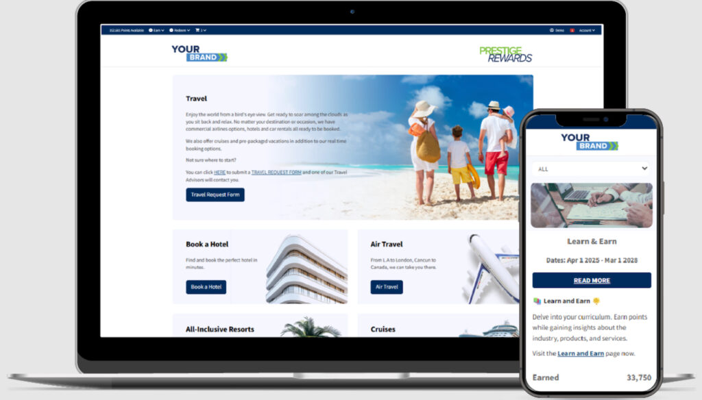 360insights Incentives and Loyalty portal showing reward points, travel redemption options, and a mobile Learn and Earn program.