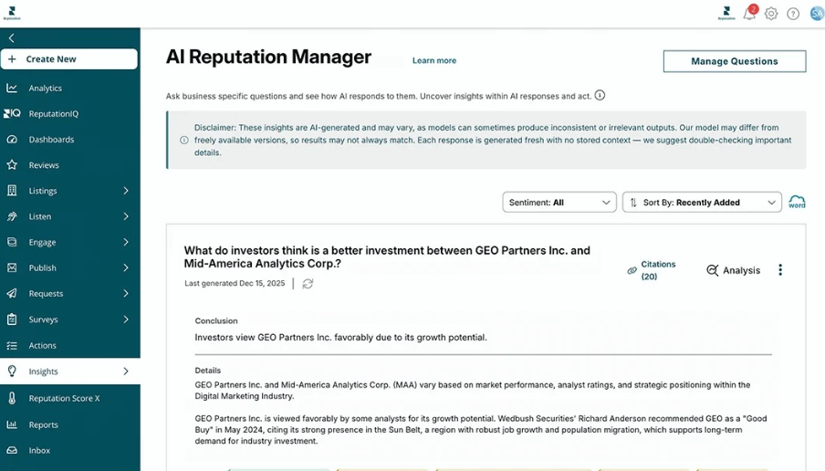 Reputation AI Reputation Manager showing a custom brand question, AI-generated conclusion, analysis, and citations.