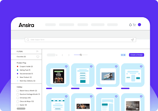 Ansira Create interface showing a searchable library of approved marketing templates and campaign assets.